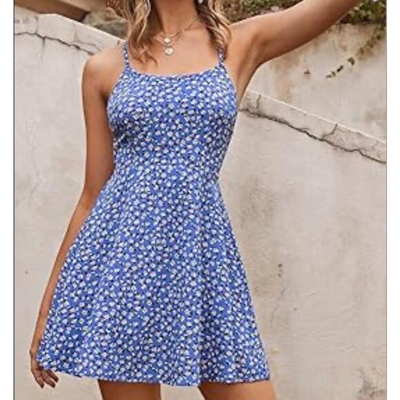 Women's Summer Lace Up Ditsy Floral Print Dress Backless High Waist Cami SZ XS - Picture 1 of 9